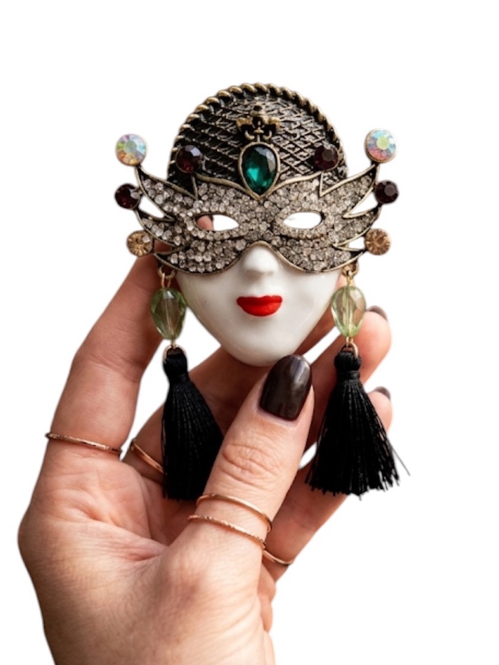 Victorian Style Masquerade Face Brooch with Emerald Green Gem & Tassels New
